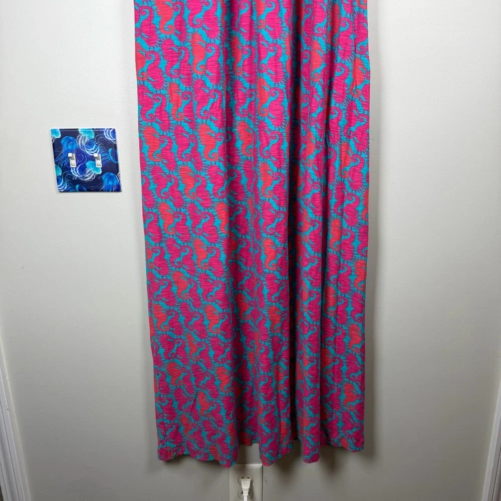 Lilly Pulitzer SLOANE Pink Blue Seahorse Print Maxi Dress Medium Cotton Nautical - Picture 8 of 10